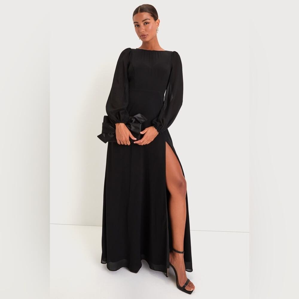 NWOT Lulus Prestigious Poise Black Backless Balloon Sleeve Maxi Dress Size XS - Picture 1 of 13